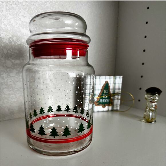 Vintage Christmas Tree Glass Canister Jar w/ Red Lid | Holiday Kitchen Decor - Picture 1 of 7